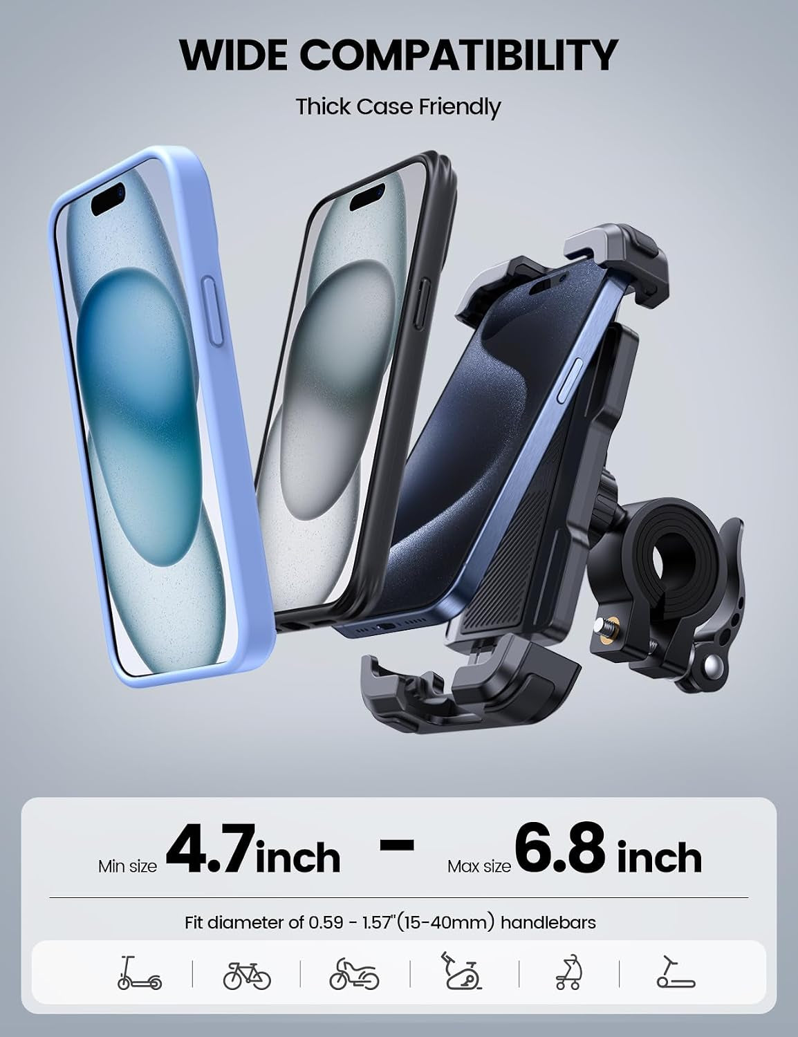 Bike Phone Mount Holder - Motorcycle Phone Mount, Adjustable Cell Phone Holder Gifts, E-Bike Bicycle Scooter Handlebar Cradle Clip for Iphone 18 17 Pro Max Air, 16 15 Plus, 14, 4.7-6.9" Phone